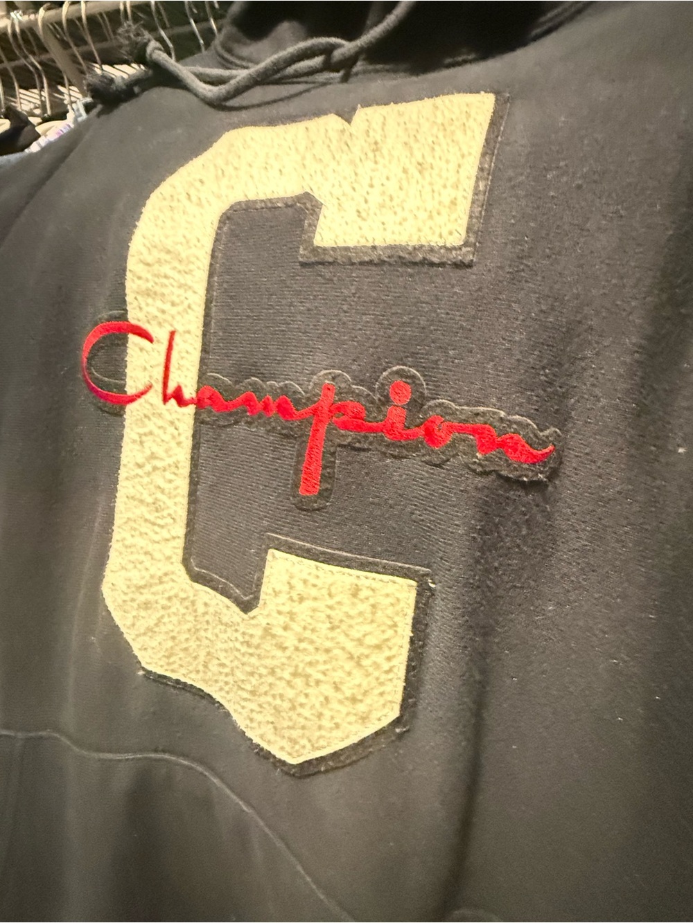 Champion Men’s Black Hoodie with Red Script and Cream Patch C 2003-2006